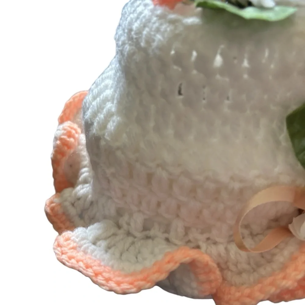 VTG Hand Knit Toilet Paper Cover White Peach Decorative Bathroom OS Retro